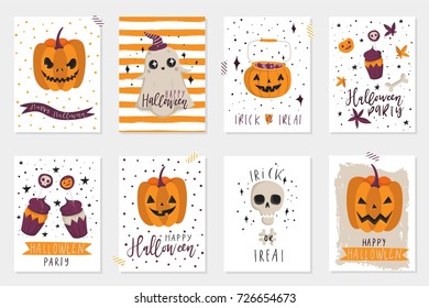 Halloween party, hand drawn modern cards, illustrations collection