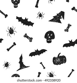 Halloween party hand drawn seamless pattern background. Fun brush ink illustration for paper, textile, flyer, greeting card, poster design.