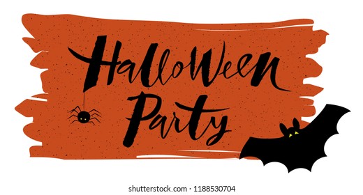Halloween party hand sketched vector lettering. Modern rough calligraphy. Orange background with bat and spider.  greetings for invitation, poster, card, postcard, banner, tag. EPS 10
