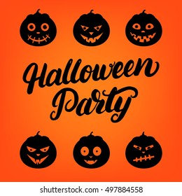 Halloween Party hand written lettering card with set of 6 jack o lantern pumpkin. Modern brush calligraphy. Halloween background. Halloween card. Vector illustration.