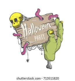 Halloween party. Hand-drawn vector illustration with worms, skull and zombie hand.