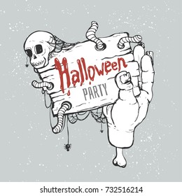 Halloween party. Hand-drawn vector illustration with worms, skull and zombie hand