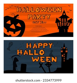 Halloween party and Happy Halloween banners template with pumpkin and Halloween elements. Spooky banner for Halloween. Vector illustration.