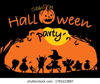 Halloween party. happy halloween. Vector illustration. Happy Halloween. Children dressed in a Halloween costume. Black silhouettes of children in the moonlight 