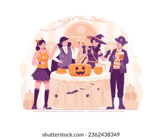 Halloween Party. Happy Young People Dressed in Various Halloween Costumes Holding Cocktail Glasses With Drinks Raising a Toast