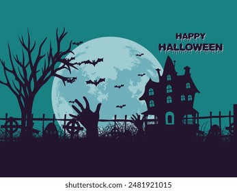 Halloween party haunted house bats flying at moon night background for social media post