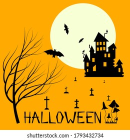 Halloween party. Haunted house in moonlight. Scary house among poisonous mushrooms. Celebration by the light of the moon.