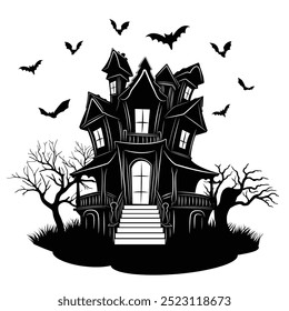 Fiesta de Halloween Ilustración vectorial de casa encantada en estilo plano. Ilustración vectorial frontal de la casa encantada de Halloween sobre fondo blanco aislado. Casa embrujada de Halloween