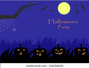 Halloween party with haunted pumpkins in blue sky.