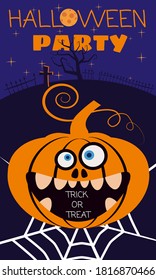 Halloween Party holiday greeting card merry pumpkin in spider web. Template banner, flyer, poster