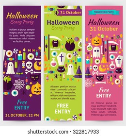 Halloween Party Holiday Invitation Template Flyer Set. Flat Design Vector Illustration of Brand Identity for Halloween Promotion. Trick or Treat Colorful Pattern for Advertising