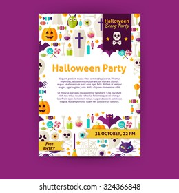 Halloween Party Holiday Invitation Template Flyer. Flat Design Vector Illustration of Brand Identity for Halloween Promotion. Trick or Treat Colorful Pattern for Advertising
