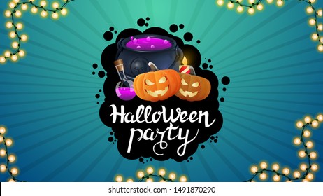 Halloween party, horizontal background for party poster with garland, witch's cauldron and pumpkin Jack