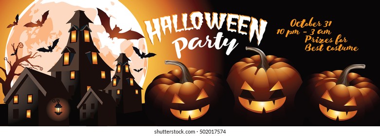 Halloween party horizontal banner ad or header background with pumpkins, full moon and haunted house. EPS 10 vector.