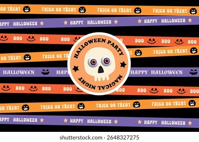 halloween party horizontal banner with ribbons and skull, autumn event background, wallpaper, cover, web, creative vector illustration
