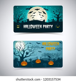 Halloween party horizontal banners with lanterns of jack trees cemetery on night sky background isolated vector illustration