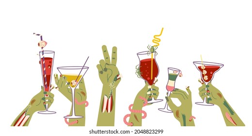 Halloween Party horizontal poster. Dead zombie hands holding bloody cocktails isolated on white background. Flat Art Vector Illustration