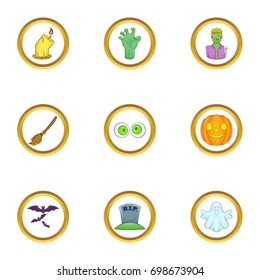 Halloween party icon set. Cartoon style set of 9 halloween party vector icons for web isolated on white background