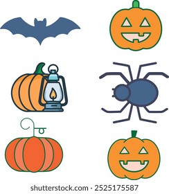 halloween party icon set. pumpkin with face, bat and spider.