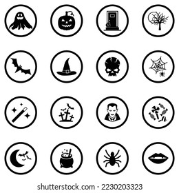 Halloween Party Icons. Black Flat Design In Circle. Vector Illustration.