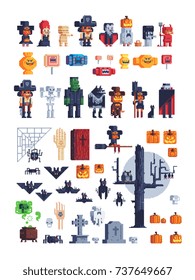 Halloween party icons set. Costumed costume kids characters. Pixel art style creatures for retro video games sprites. Vector illustration isolated on background.