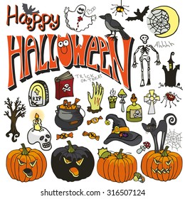 Halloween party icons.Doodle hand drawing Witch spooky elements set.Halloween isolated items:lettering,candy,cat,pumpkin,bats,web,broom,Ghost,skull,book,spider, Raven.Cartoon vector illustration,Retro