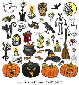 Halloween party icons.Doodle hand drawing Witch spooky elements set.Vector Halloween isolated items: candy,cat,pumpkin,bats,web,broom,Ghost,skull,book,spider, Raven .Cartoon illustration,Retro