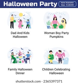 Halloween Party Illustration 20 unique concepts flat design vector illustration concepts.  Scary collection with jack-o-lantern, spider, ghost, skull, bats, witch, vampire. Autumn holiday flat style d