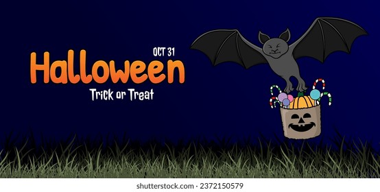 Halloween party illustration of a bat flying while holding a candy basket with night background and grass silhouette