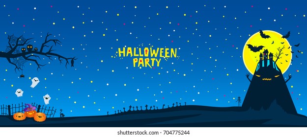 Halloween party illustration. Bats flying over a horrible hill in the night with a full moon on dark blue background.