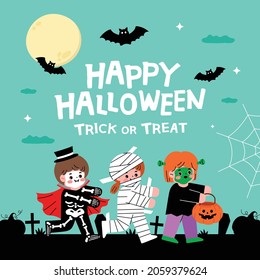 Halloween party illustration. Children in Halloween costumes.