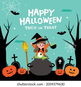 Halloween party illustration. Children in Halloween costumes.
