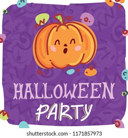 Halloween Party illustration with cute smiling pumpkin character. Hand drawn art for Halloween celebration in cartoon style. Design for greeting card, decoration, poster, banner