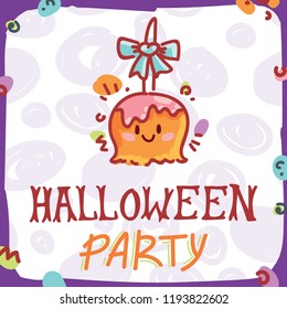 Halloween Party illustration with cute smiling candy apple character. Hand drawn art for Halloween in cartoon style. Design for greeting card, decoration, poster, banner