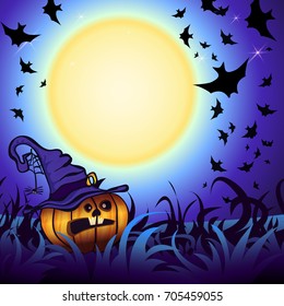 Halloween Party Illustration with Pumpkin in the Grass, Bats and Moon