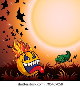 Halloween Party Illustration with Pumpkin in the Grass, Bats, Ghost and Moon