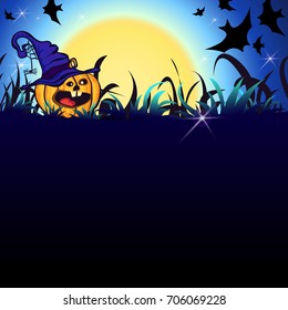 Halloween Party Illustration with Pumpkin in the Grass, Bats, Ghost, Moon and place for your text