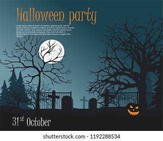 Halloween Party Illustration. Scary pumpkin on cemetery, Vector template