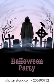 Halloween party illustration- silhouette of black scary scytheman standing on ancient necropolis with crosses over gray  sky
