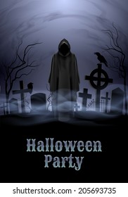 Halloween party illustration- silhouette of black scary scytheman standing on ancient necropolis with crosses over night  sky