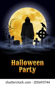 Halloween party illustration- silhouette of black scary scytheman standing on ancient necropolis with crosses over night  sky and yellow moon