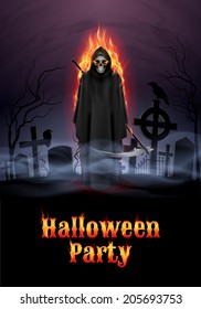 Halloween party illustration- silhouette of burning scary scytheman   standing on ancient necropolis with crosses over night sky