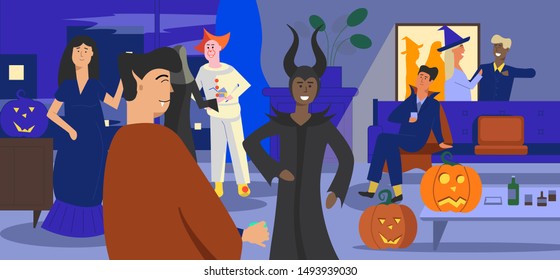 Halloween party. Indoor scene with different characters in costumes. Interior background. Pumpkins around. International event. Flat vector illustration