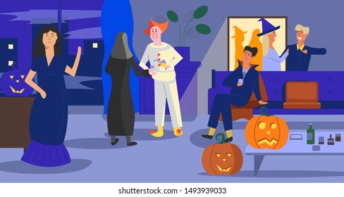Halloween party. Indoor scene with different characters in costumes. Interior background. Pumpkins around. International event. Flat vector illustration