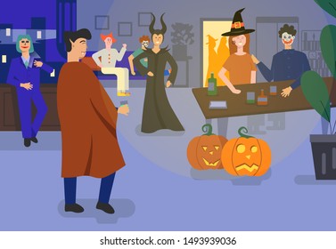 Halloween party. Indoor scene with different characters in costumes. Interior background. Pumpkins around. International event. Flat vector illustration