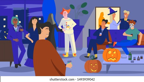 Halloween party. Indoor scene with different characters in costumes. Interior background. Pumpkins around. International event. Flat vector illustration