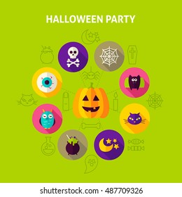 Halloween Party Infographics Concept. Vector Illustration of Trick or Treat Circle with Flat Design Icons.