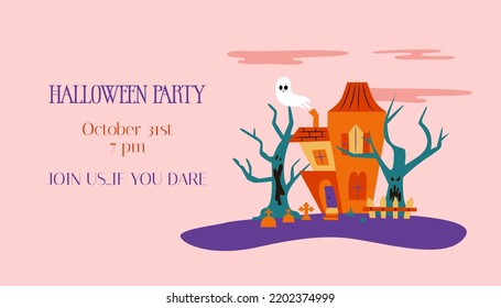 Halloween party intitation with haunted house. Spooky illustration of creepy trees, ghost and house with copy space.