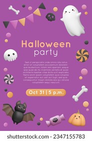 Halloween party invitation with 3d realistic kawaii ghost, cute bat, plastic pumpkin, skull, bunting. Vector illustration. Greeting card template with round funny characters. 