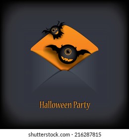 Halloween party invitation with adorable monsters flying out of envelope. Eps10 vector illustration.